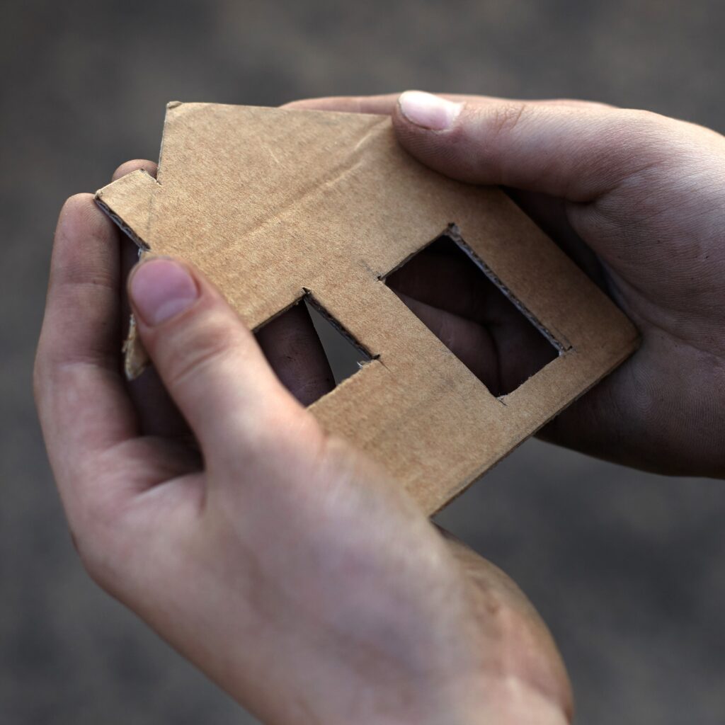 hand holding cardboard house